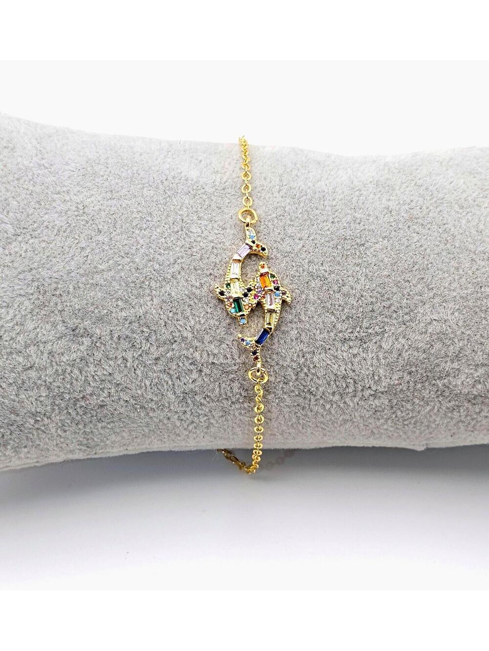 Multicolor CZ Dolphin Bracelet – 14k Gold Plated Adjustable Charm